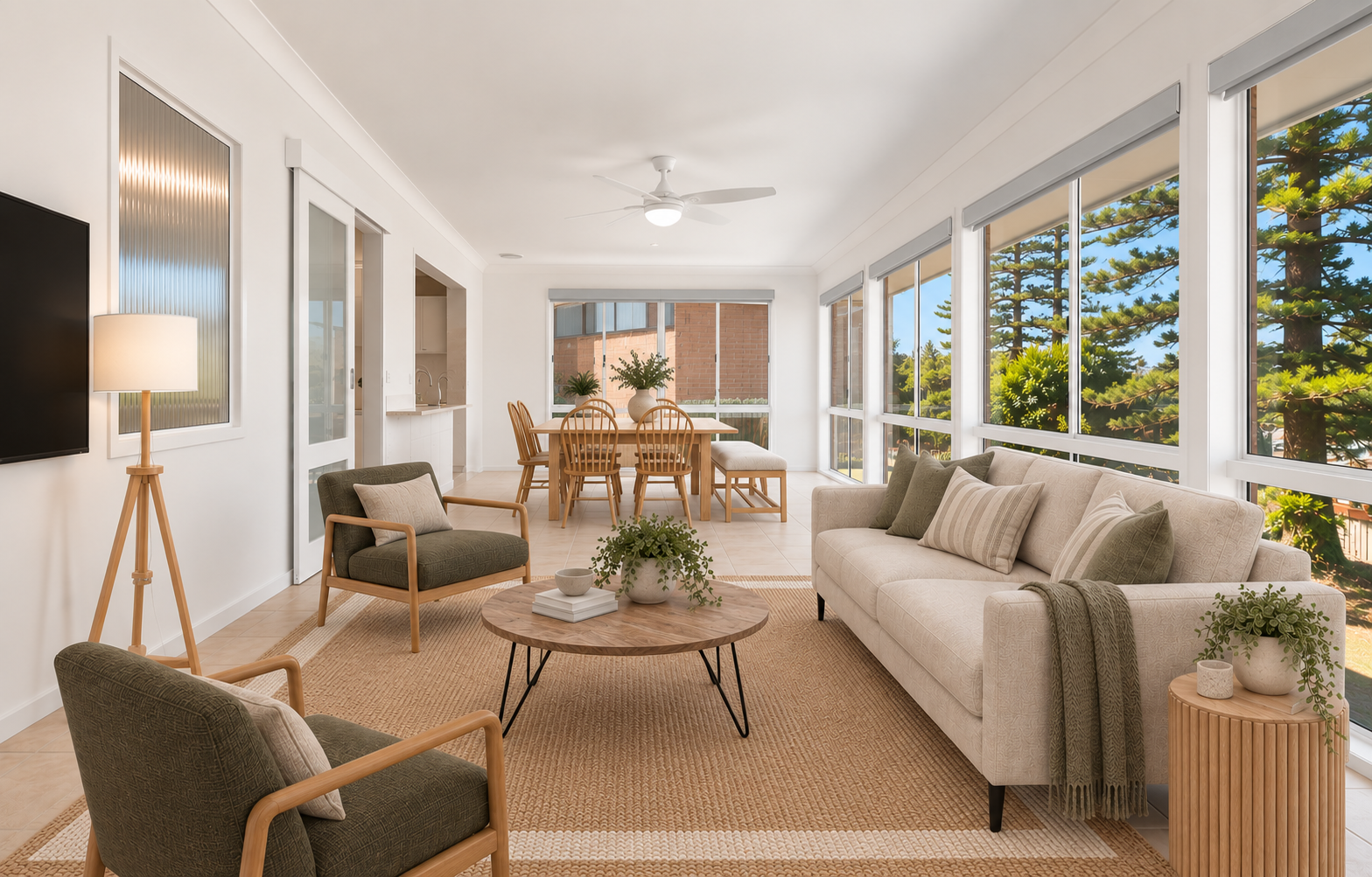 Open-plan living and dining area with garden views