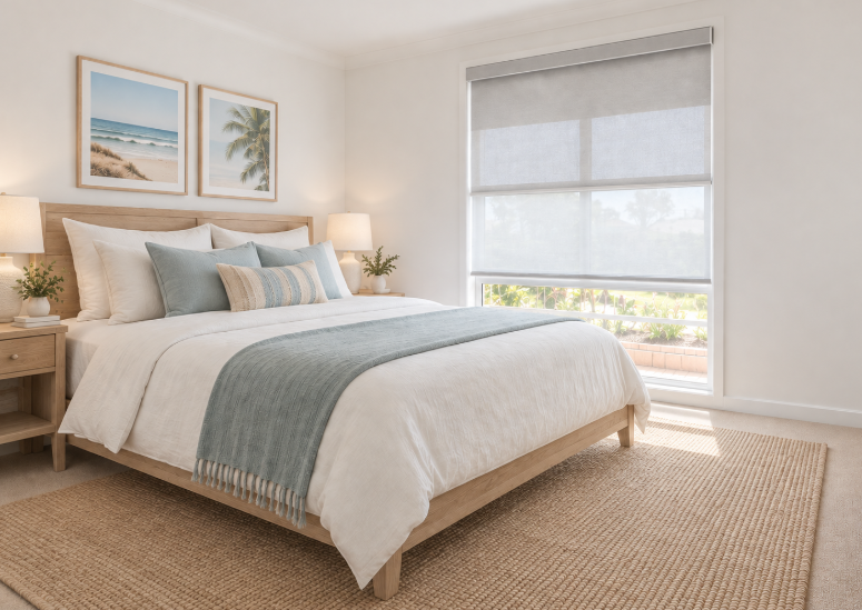 Master bedroom with beach-themed decor and garden outlook