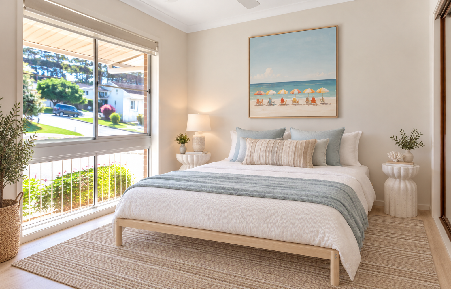 Queen bedroom with beach artwork and garden view