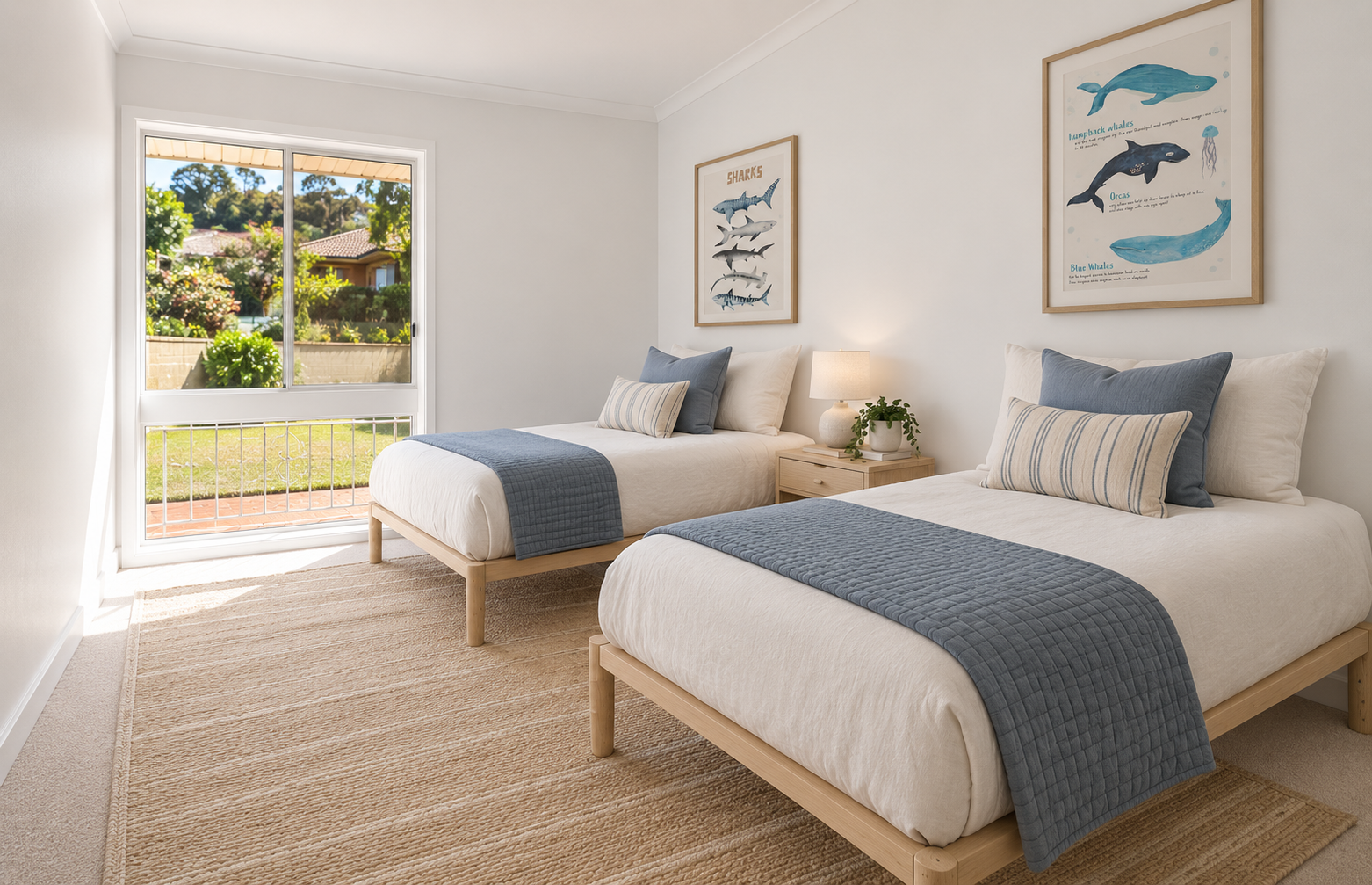 Twin bedroom with two king single beds and garden view